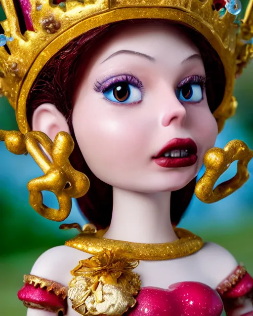 Image similar to closeup face profile portrait of a tin toy fairytale princess wearing a crown eating cakes in the castle, bikini, depth of field, zeiss lens, detailed, symmetrical, centered, fashion photoshoot, by nicoletta ceccoli, mark ryden, lostfish, breathtaking, 8 k resolution, extremely detailed, beautiful, establishing shot, artistic, hyperrealistic, octane render