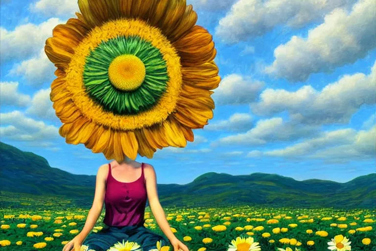 Image similar to giant daisy flower head, woman sitting, surreal, clouds in sky, impressionist painting, digital painting, artstation, rob gonsalves