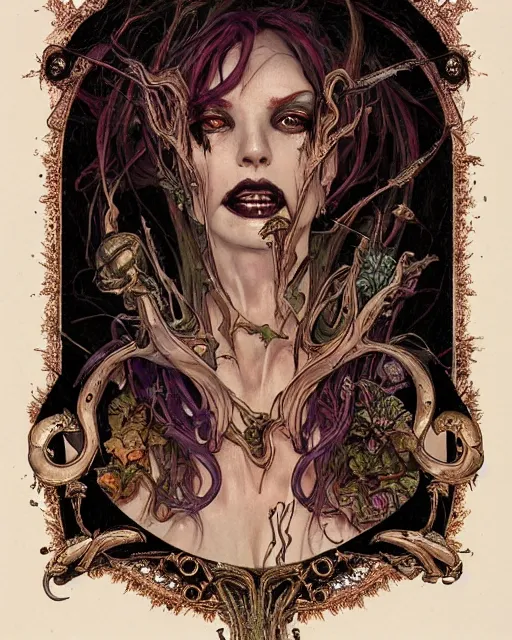 Image similar to perfectly centered portrait front view of a angry dead rotten beautiful female corpse growing ornamentation all around, ornate, ornaments, detailed, symmetrical, elegant, beautifully soft lit, by wayne barlowe, peter mohrbacher, kelly mckernan, alphonse mucha