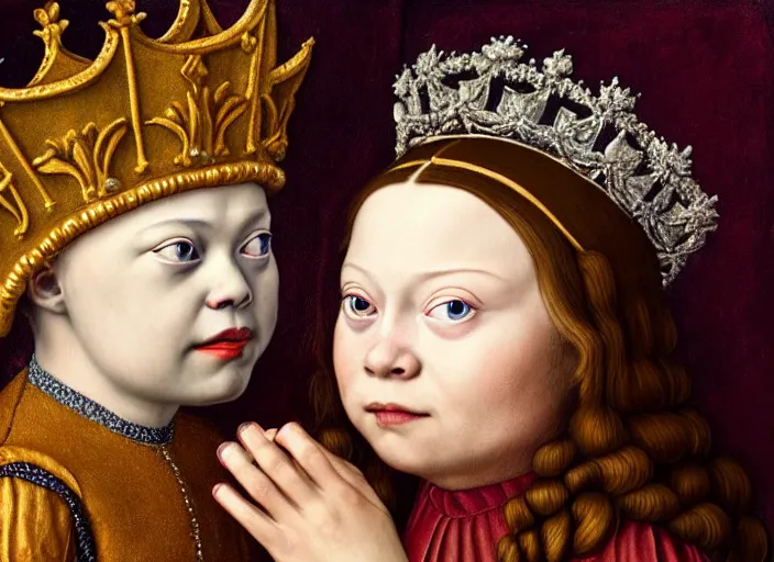 Image similar to closeup profile medieval jan van eyck portrait of greta thunberg as a fairytale princess wearing a crown eating cakes in the castle kitchen, nicoletta ceccoli, mark ryden, lostfish, max fleischer, hyper realistic, artstation, illustration, digital paint, matte paint, vivid colors, bright, cheerful, detailed and intricate environment