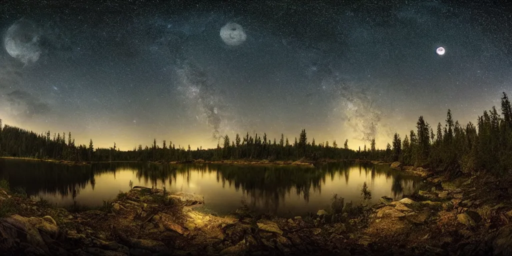 Prompt: a detailed beautiful matte painting of a forested river valley under a starry night sky, moon reflecting on water, by Mikko Lagerstedt and Raphael Lacoste, fisheye lens