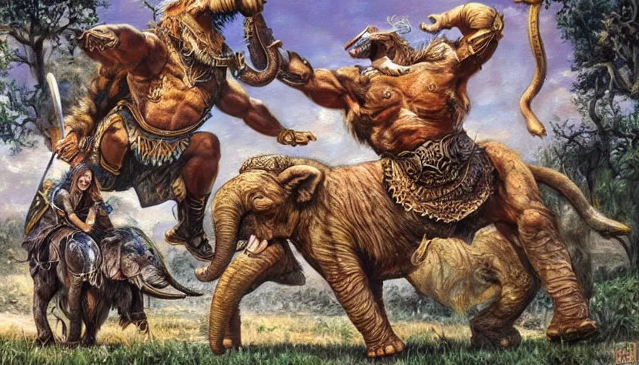 Image similar to beautiful lifelike painting of wolf from gladiator giving carla the elephant wolf power, hyperreal detailed facial features and uv lighting, art by ed roth and basil wolverton