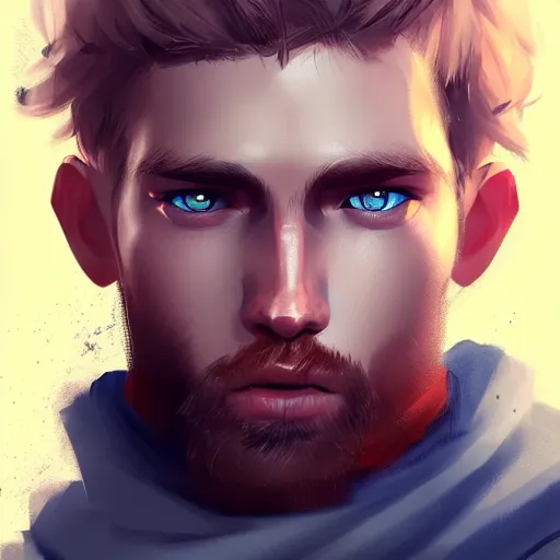 Image similar to a rugged young knight with blonde hair and blue eyes and a short beard and a scar under his left eye by Greg_Rutkowski, realistic, detailed, masterpiece, ArtStation