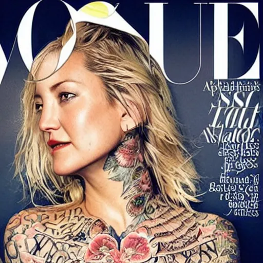 Image similar to of a photorealistic photograph of kate hudson covered in detailed tattoos in the style of a vogue magazine cover