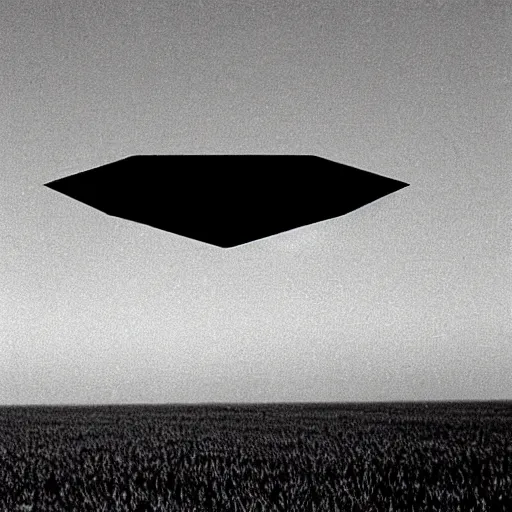 Image similar to a 1 9 9 0 photograph of a diamond shaped ufo over a field, grainy, photo realistic