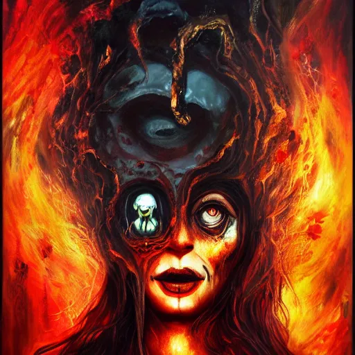 Image similar to woman, hell, horror, popular fantasy art abstract painting generated by artificial intelligence, 8K UHD, trending on artstation, extremely detailed