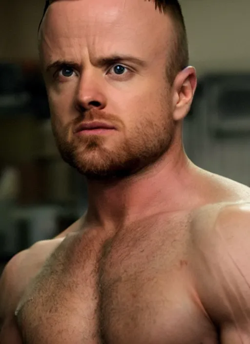 Image similar to extremely muscular Jesse Pinkman, movie still, realistic