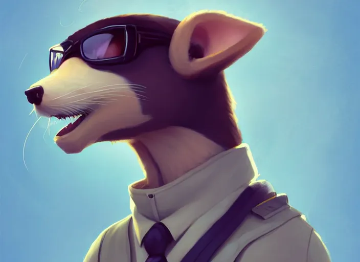 Image similar to character portrait feature of the anthro male anthropomorphic ferret fursona wearing airline pilot outfit uniform professional pilot character design stylized by charlie bowater, ross tran, artgerm, and makoto shinkai, detailed, soft lighting, rendered in octane