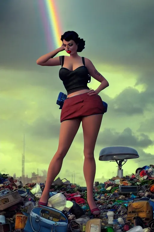 Image similar to pinup in mini short with backpack looking at food at garbage dump, destroyed cars, city is pure wasteland, moody sunset background, rays of sunlights, ( ( ( rainbow ) ) ), high details, sharp, photorealism, cinematic, greg rutkowski, alphonse mucha, trending on artstation, artgerm, unreal engine, highly detailed