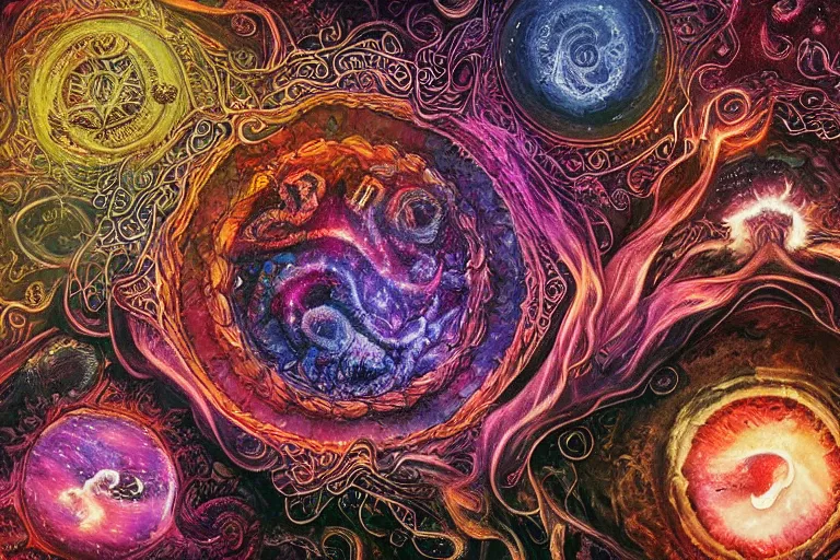 Image similar to a giant mandala of skulls and flesh with deep and intricate rune carvings and twisting lovecraftian tentacles emerging from a space nebula by dan mumford, twirling smoke trails, a twisting vortex of dying galaxies, collapsing stars, digital art, photorealistic, vivid colors, highly detailed, intricate