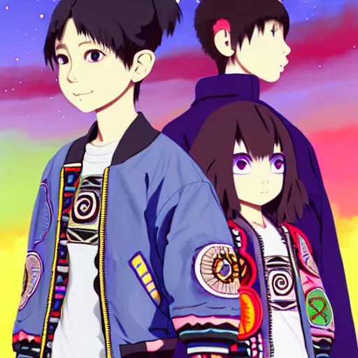 Image similar to majora majora's mask wearing oversized mayan bomber jacket with overalls, bulky poofy bomber jacket with mayan patterns, aztec street fashion, genshin impact art style, gapmoe yandere grimdark, trending on pixiv fanbox, painted by greg rutkowski makoto shinkai takashi takeuchi studio ghibli, akihiko yoshida