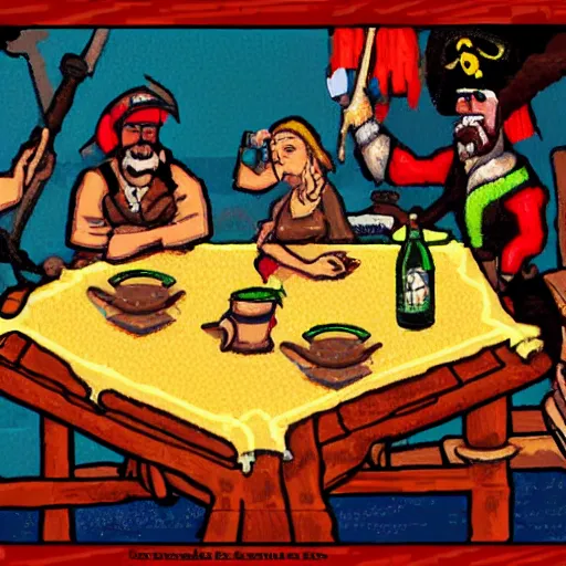 Image similar to Three important pirates drinking grog in a tavern table 16 bit computer art