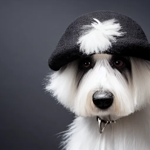 Prompt: closeup photo of a black coton-de-tulear dog, wearing a monocle and a fluffy hat, 50mm, dramatic lighting
