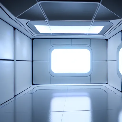 Image similar to a white room 1 2 ft long x 1 0 ft wide x 8 ft tall, geometrically perfect, clean and empty, sci fi spaceship futuristic paneling unreal engine, general studio lighting, 8 k,