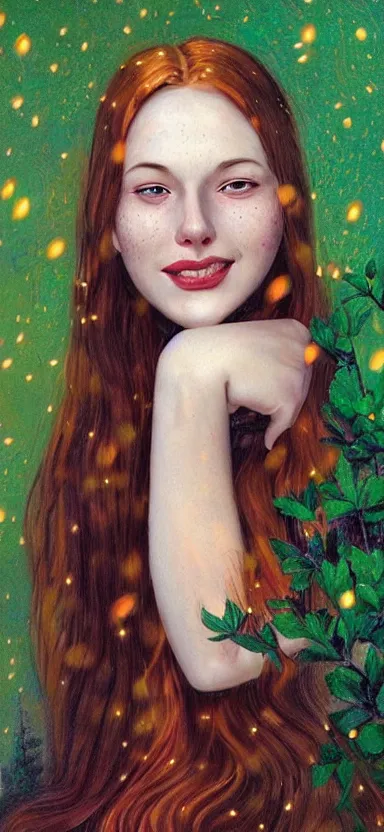 Image similar to infp young woman, smiling, amazed by golden fireflies lights, sitting in the midst of nature fully covered, long loose red hair, intricate linework, green eyes, small nose with freckles, oval shape face, realistic, expressive emotions, dramatic lights, spiritual scene, hyper realistic ultrafine art by cecco del caravaggio and albert bierstadt and artgerm