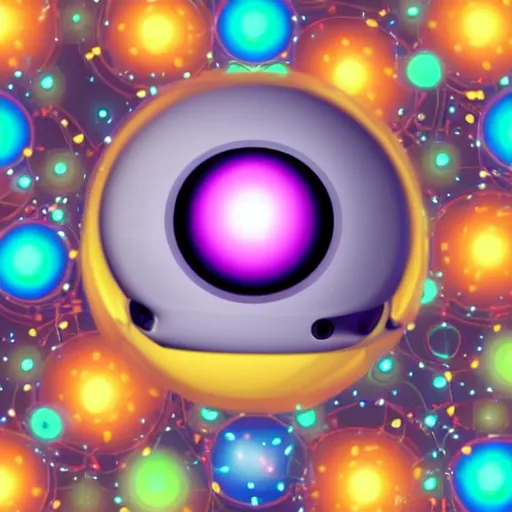 Prompt: funny spherical robot with two eyes and smile, cyberpunk, stars and space on the background,