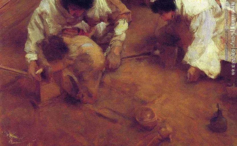 Image similar to high quality high detail painting by ilya repin, carpenter working, hd