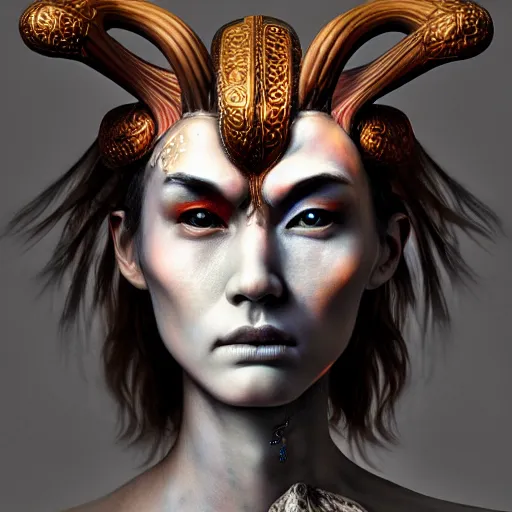 Image similar to Dramatic portraiture of Uuen, the Pictish god of stags, mixed media, trending on ArtStation, by Jim Valentino and ArtGerm and Lucian Freud, luminism