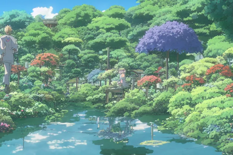 Image similar to still from the miyazaki anime film garden in the sky, a garden in the clouds, robot gardener, beautiful garden island, studio ghibli cartoon