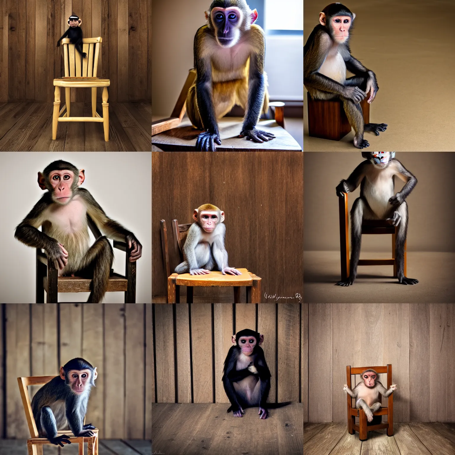 Prompt: monkey sitting in a wooden chair in the backrooms 8k, 4k, professional photography, award winning photo