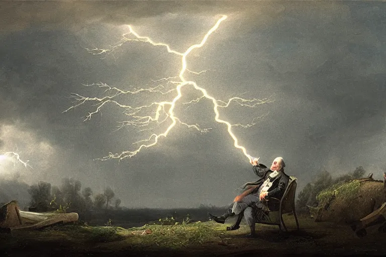 Image similar to Benjamin Franklin being struck by a lightning, in the woods, at night, thunderstorm, XVIII century, ultra detailed, wide angle lens, matte painting, cinematic composition, hyper realistic, highly detailed, concept art, low key lighting, high dynamic range, depth of field, moment cinebloom filter, cinematic color grade