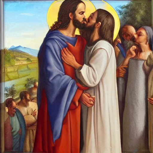 Image similar to 1 8 th oil panting of a jesus kissing a woman