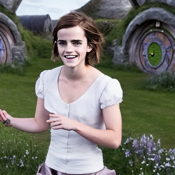 Image similar to Joyful!!! smiling Emma Watson wearing cyborg prosthetic in the style of Her (2013). Clear Hands. Clear body. Clear Clothes. Hobbiton as Background. Cinematic. Professional Photo. UHD. 8k. Clear Face.