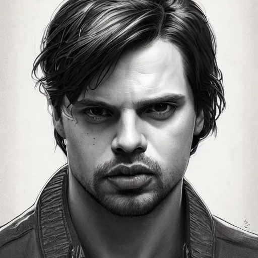 Image similar to portrait of Sebastian Stan, wide angle, intricate, wild, highly detailed, digital painting, artstation, concept art, smooth, sharp focus, illustration, art by artgerm and greg rutkowski and alphonse mucha - W 768
