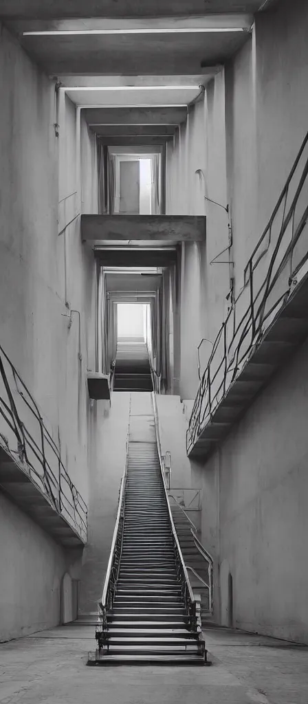 Prompt: colorful minimalist industrial interior stairwell with monolithic pillars in the style of ridley scott and stanley kubrick, impossible stijl architecture, lone silhouette in the distance, ultra wide angle view, cinematic, god rays, volumetric lighting, realistic detailed painting by edward hopper