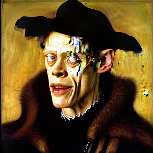 Image similar to portrait of the son of chris hemsworth willem dafoe steve buscemi, oil painting by jan van eyck, northern renaissance art, oil on canvas, wet - on - wet technique, realistic, expressive emotions, intricate textures, illusionistic detail