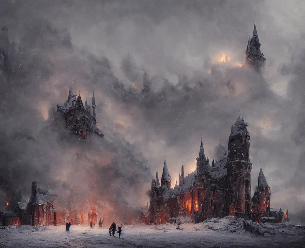 Image similar to Siege of a pipe organ castle in winter, heavy snow storm, fantasy, medieval, fire, explosions and grey smoke here and there, highly detailed, Artstation, oil on canvas painting by greg rutkowski and alan lee