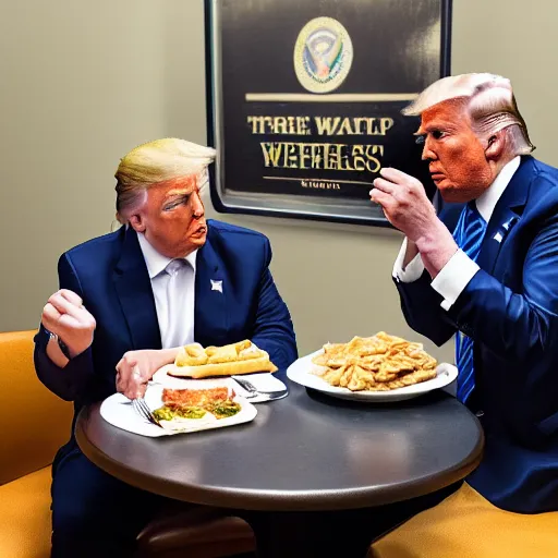 Image similar to photograph of trump and Biden sitting and eating breakfast at a Wafflehouse