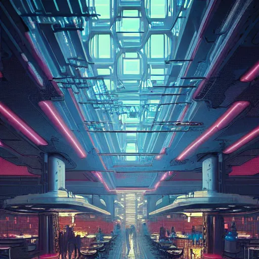 Image similar to futuristic cyberpunk restaurant, interior architecture view, beautiful detailed pixelart by albertov, intricate details, beautiful, dithered gradients, volumetric lighting, cgsociety, artstation, smooth, sharp focus, 2 d illustration, by greg rutkowski, amazing art by dan mumford