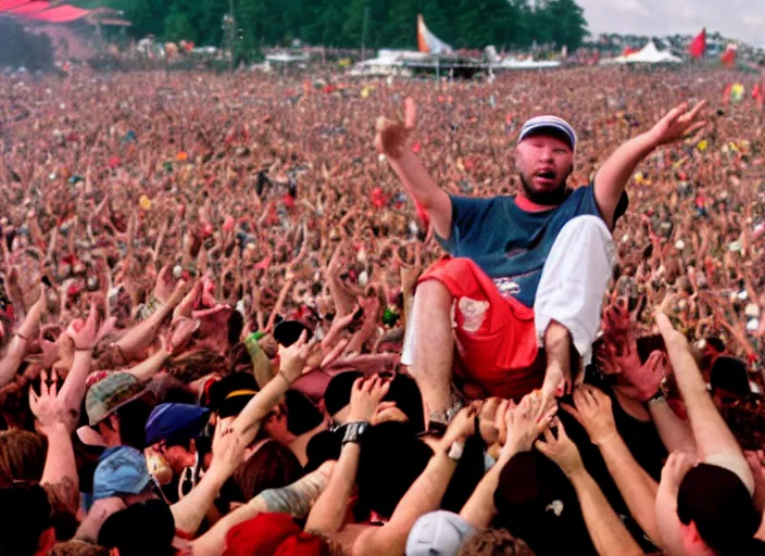 Image similar to photo still fred durst on stage at woodstock 9 9!!!!!!!! at age 3 3 years old 3 3 years of age!!!!!!!! crowd surfing, 8 k, 8 5 mm f 1. 8, studio lighting, rim light, right side key light
