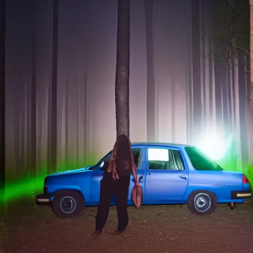 Image similar to photo with flash at night at a forest of a big scary man in top of a blue car with lights on