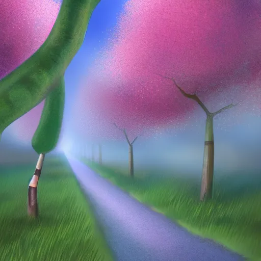 Image similar to road through a cherry tree forest, pellets falling down with the wind, pinkshift render, advanced digital painting, 4k