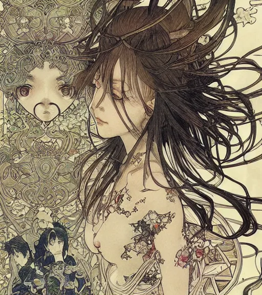 Image similar to yoshitaka amano anime painting, intricate line drawings, pen and ink, alphonse mucha, claire wendling, kentaro miura, ruan jia