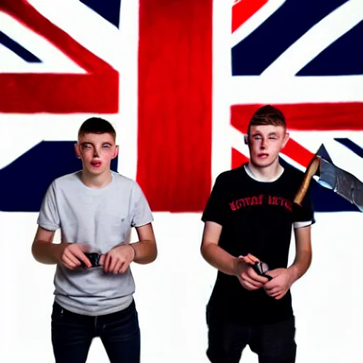 Prompt: mid-shot portrait photograph of two male British chav youths holding knives and smoking in front of the Union Jack, high quality