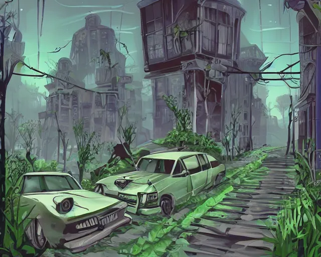 Image similar to the abandoned streets of the overgrown city in the style of decopunk/crystalpunk