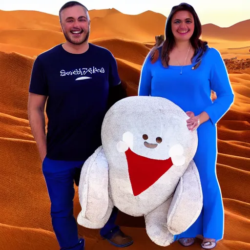 Image similar to blue'snappy gifts'logo human - sized plush doll, looking at the camera, in the desert, holding gift, happy atmosphere, high detail, 8 k