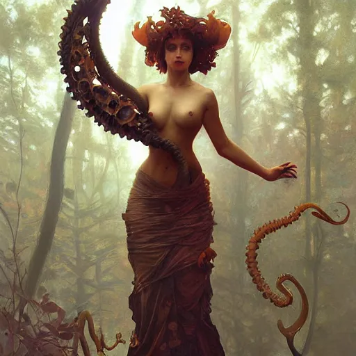 Image similar to forest octopus, intricate, elegant, highly detailed, digital painting, artstation, concept art, smooth, sharp focus, illustration, art by artgerm and greg rutkowski and alphonse mucha and william - adolphe bouguereau