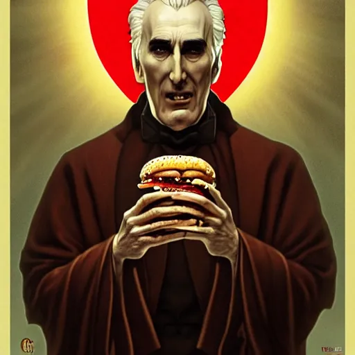 Prompt: portrait of Christopher Lee as Dracula eating hamburgers, advertising billboard, extra onions and ketchup, luscious patty with sesame seeds, ethereal, holy sacred light rays, handsome, D&D, fantasy, intricate, elegant, highly detailed, digital painting, artstation, concept art, matte, sharp focus, illustration, art by Artgerm and Greg Rutkowski and Alphonse Mucha