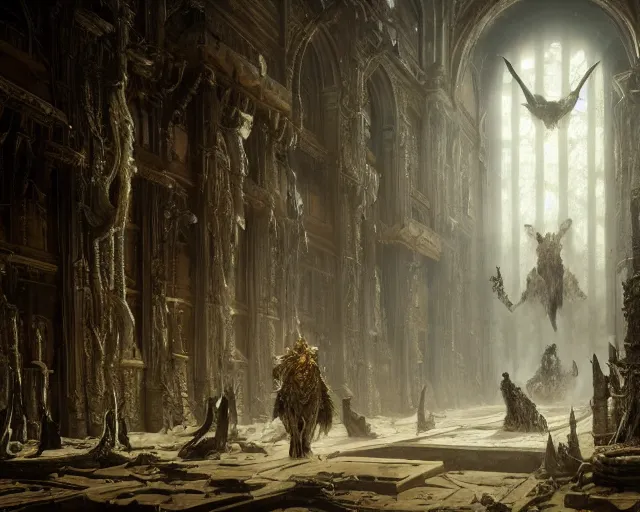 Prompt: king of the wolves - fantasy, inside the king's hall wolves and their treasures, ethereal, ominous, misty, 8 k, by h. r. giger and greg rutkowski