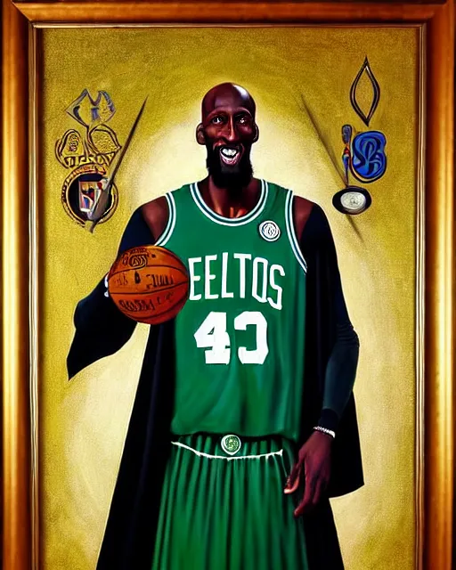 Image similar to portrait of boston celtics kevin garnett as a wizard at hogwarts, full body, wizard ing robe, mystical, magic wand, oil on canvas by william sidney mount, award winning