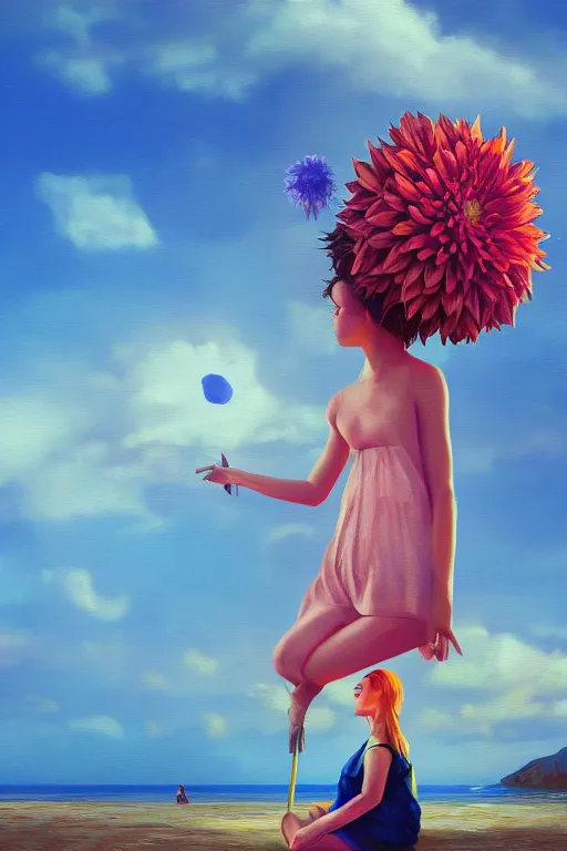 Image similar to closeup giant dahlia flower head, girl sitting on beach, surreal photography, blue sky, sunrise, dramatic light, impressionist painting, digital painting, artstation, simon stalenhag