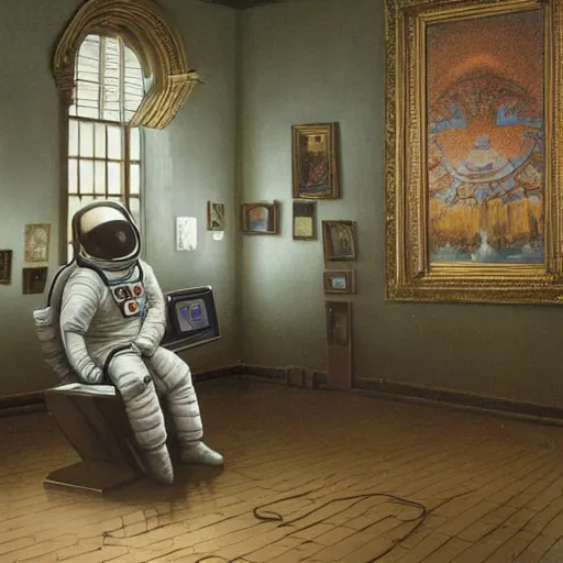 Image similar to an astronaut working on a 8 0 ’ s desktop computer in an old ornate art gallery. photorealistic. zdzisław beksinski, dariusz zawadzki, mariusz lewandowski highly detailed.