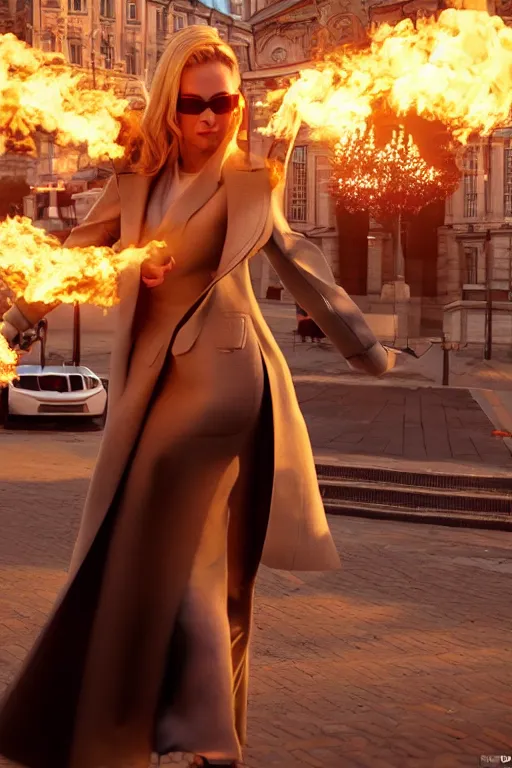 Image similar to in the foreground a street of Saint Petersburg, in the background a magnificent blond woman spitting flames with her hands wearing a long jacket like a matrix, realistic, high definition, many details, dramatic scene, detailed and realistic hands, symmetrical face, realistic eyes, art of unreal engine 5