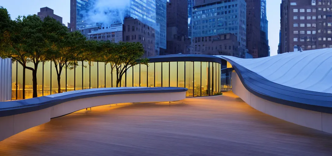 Prompt: curved roof planes lift and descend creating shade and architectural expression, situated on a minimalist rooftop garden in manhattan, highly detailed, vivid color, high resolution photography, mist, dusk