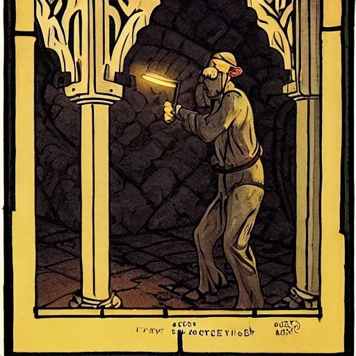 Image similar to a man holds a torch and explores a Dungeon, luminous, Art Nouveau