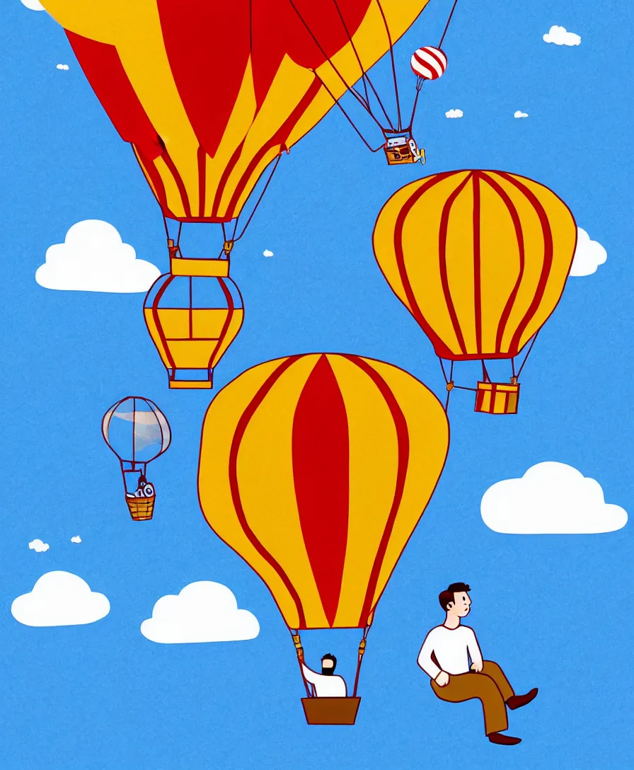 Image similar to single man sitting in hot air balloon and going into space, hyper realistic, in the style of greg rutsowski